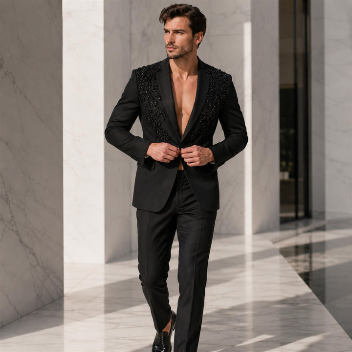 Fashion Black And Diamond Notch Lapel 2 Pieces Men Suit