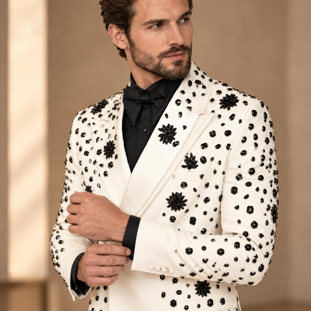 Luxury White Diamond 2 Pieces Double Breasted Men Suit With Peak Lapel For Prom
