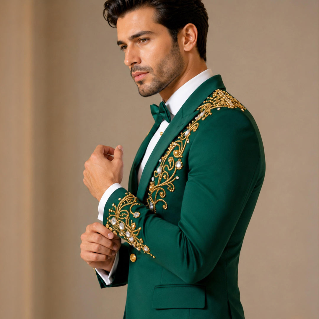 Fashion Green And Diamond Peak Lapel 2 Pieces Men Suit