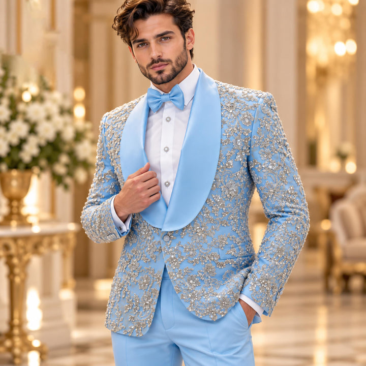 Luxury Light Blue Shawl Lapel Embroidered Diamond 2 Pieces Men Suit For Wedding