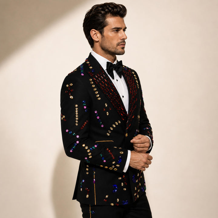 Fashion Black And Colored Diamond Peak Lapel 2 Pieces Men Suit