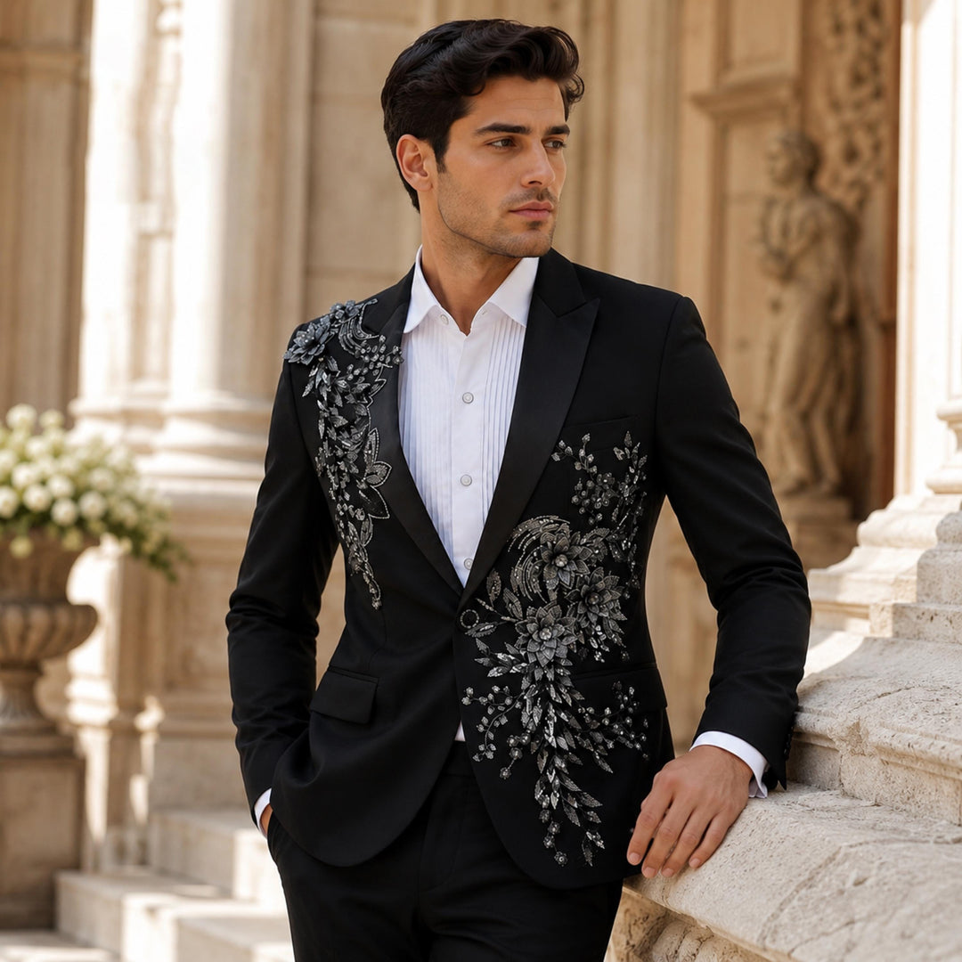 Fashion Black And Diamond Peak Lapel 2 Pieces Men Suit