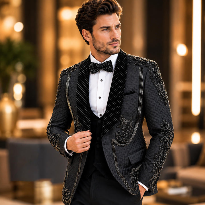 Luxury Black With Shawl Lapel Diamond 3 Pieces Men Suit
