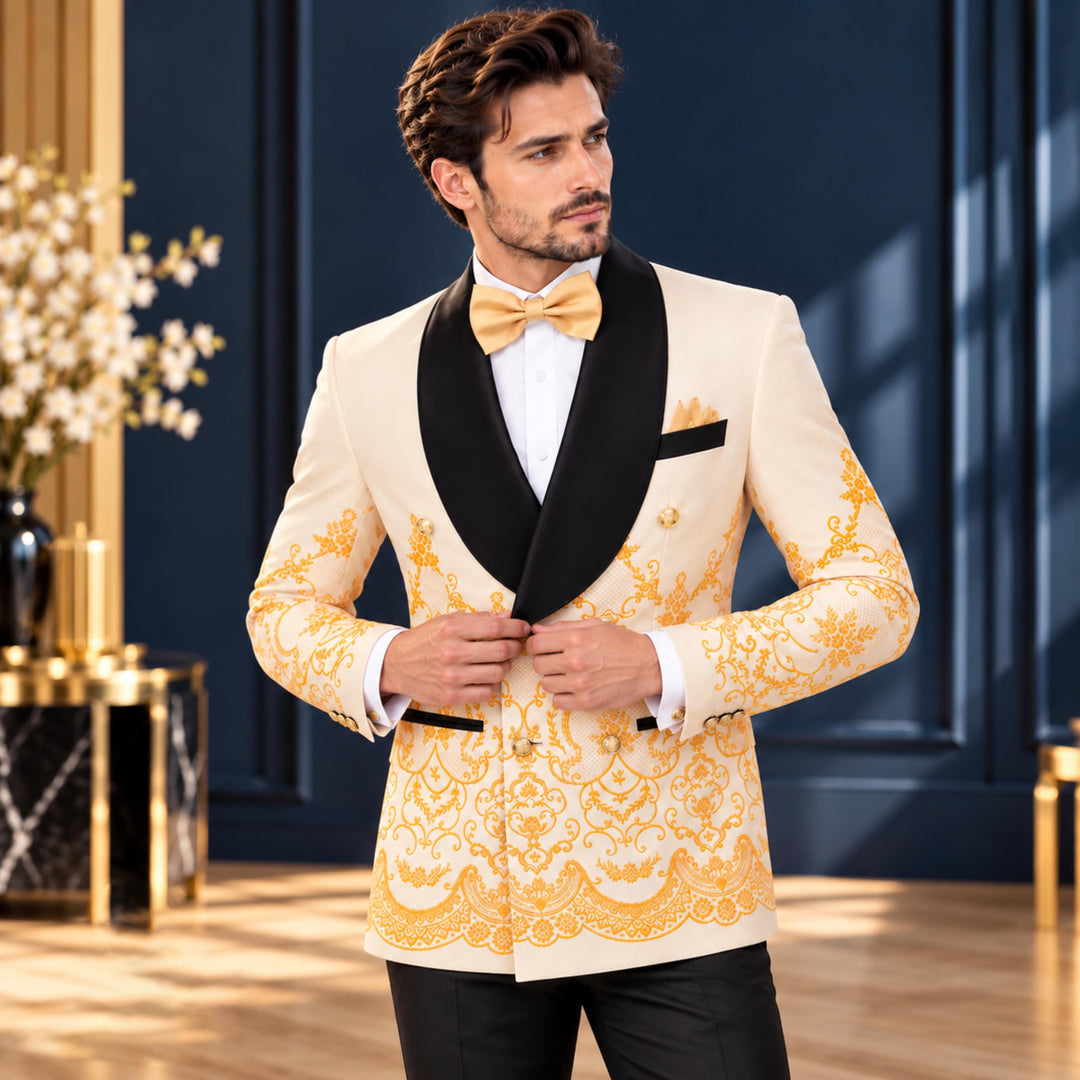Luxury Champagne Shawl Lapel Embroidered 2 Pieces Men Suit For Wedding