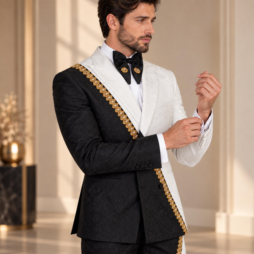 Fashion White And Black Peak Lapel Embroidered Diamond 2 Pieces Suit For Party