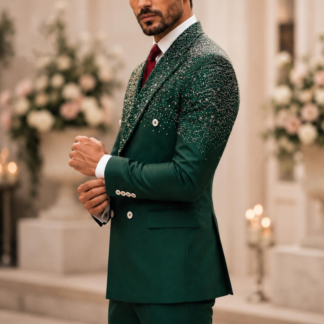 Fashion 2 Pieces Suit In Green Peaked Lapel Diamond For Prom