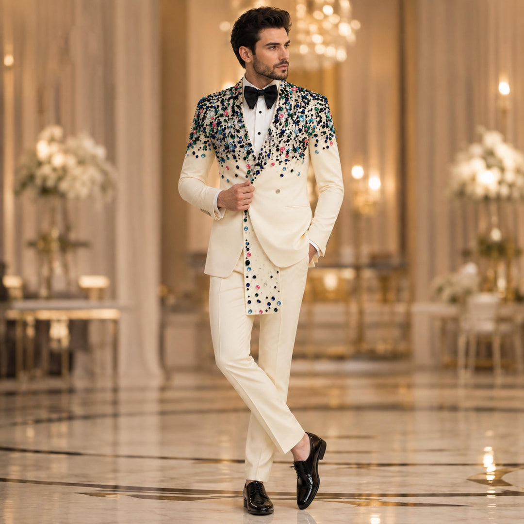 Luxury White Diamond 2 Pieces Double Breasted Men Suit With Peak Lapel For Prom