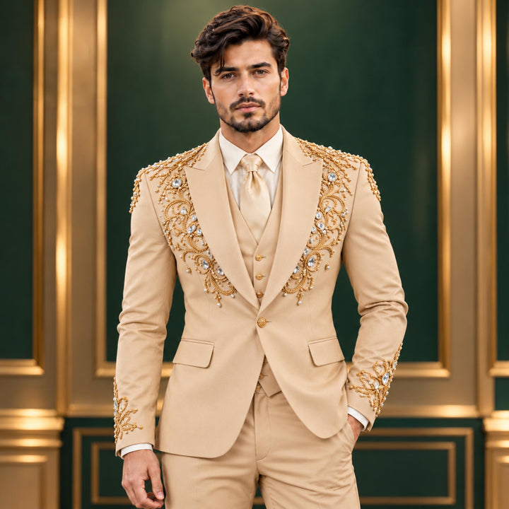 Luxury Champagne Peak Lapel Diamond 3 Pieces Men Suit For Wedding