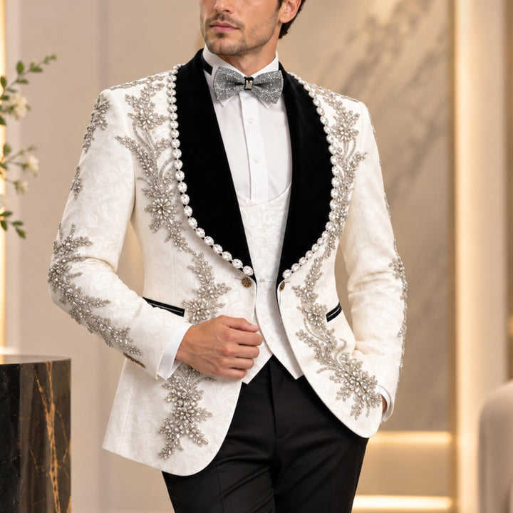 Luxury White With Black Shawl Lapel Diamond 3 Pieces Men Suit