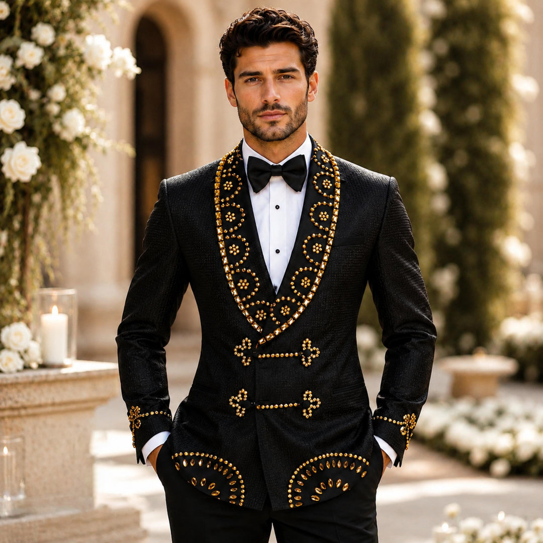 Luxury Black Diamond 2 Pieces Double Breasted Men Suit With Shawl Lapel For Prom