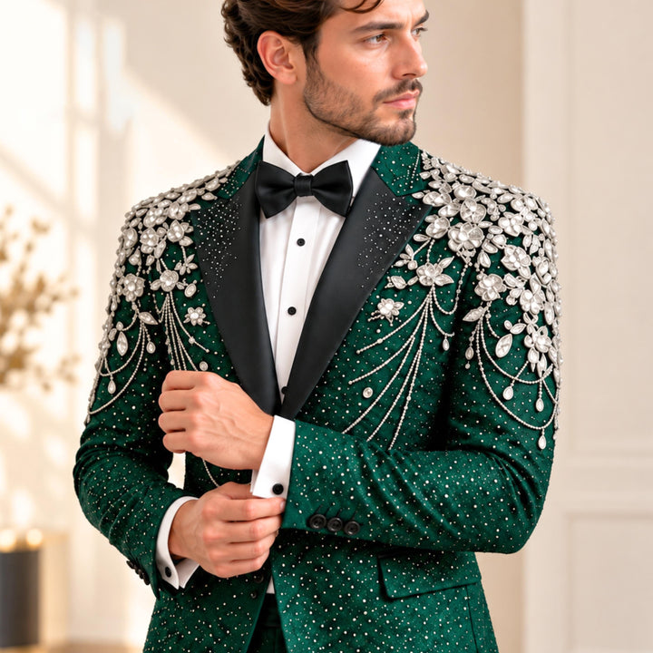 Fashion Emerald And Diamond Peak Lapel 2 Pieces Men Suit