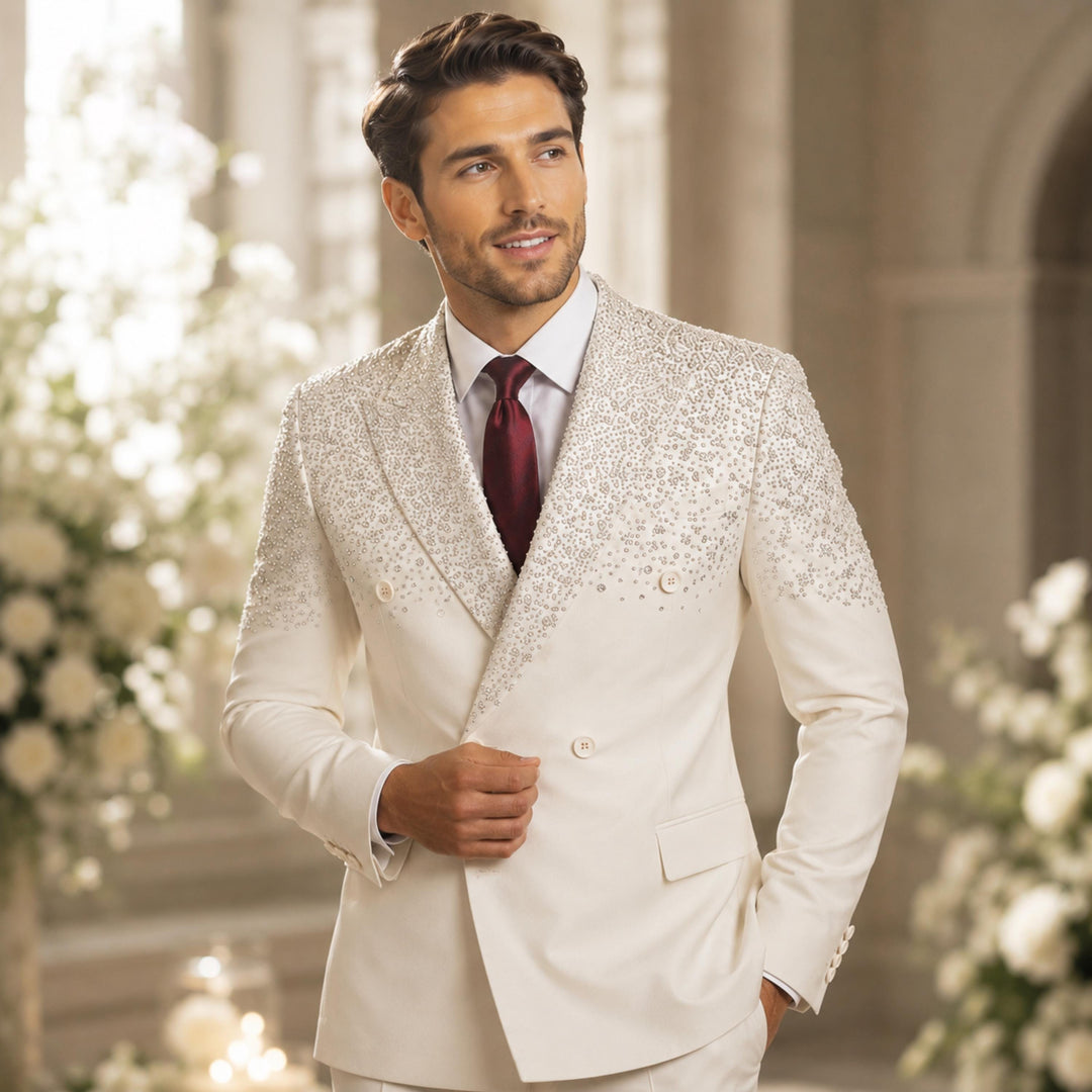 Luxury White Diamond 2 Pieces Double Breasted Men Suit With Peak Lapel For Prom