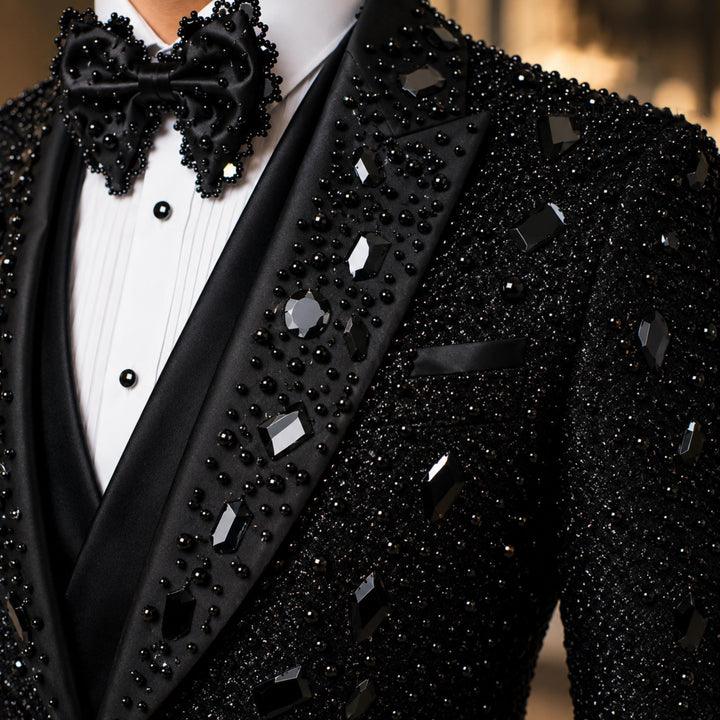 Luxury Black Peak Lapel Embroidered 3 Pieces Mens Suit