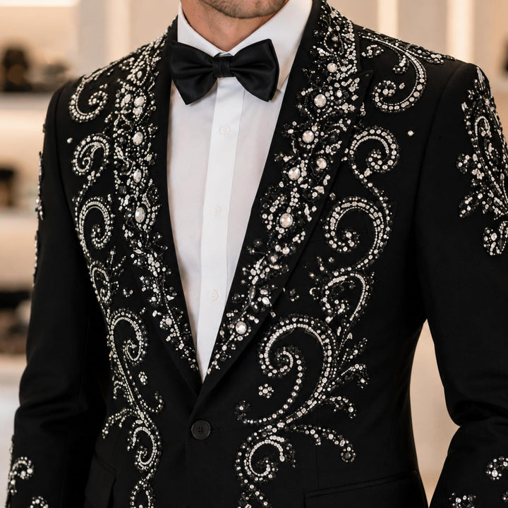Fashion Black And Diamond Shawl Lapel 2 Pieces Men Suit