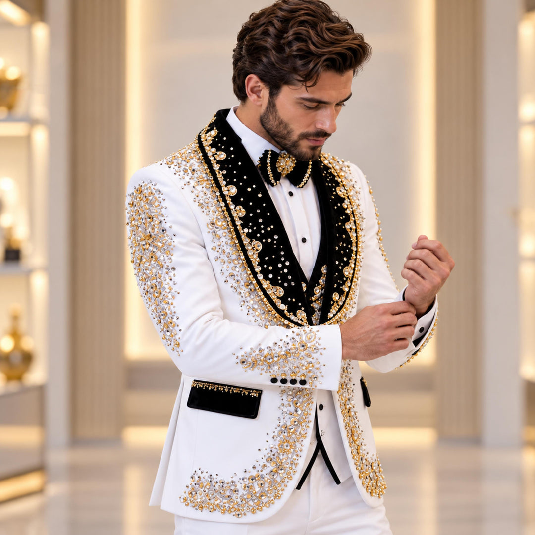 Fashion White And Black With Bling Diamond 2 Pieces Suit For Party