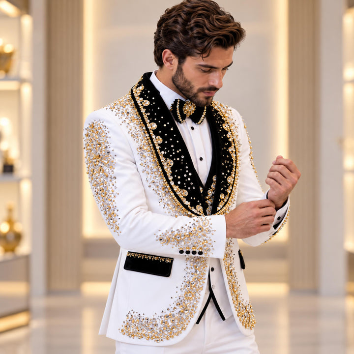 Fashion White And Black With Bling Diamond 2 Pieces Suit For Party