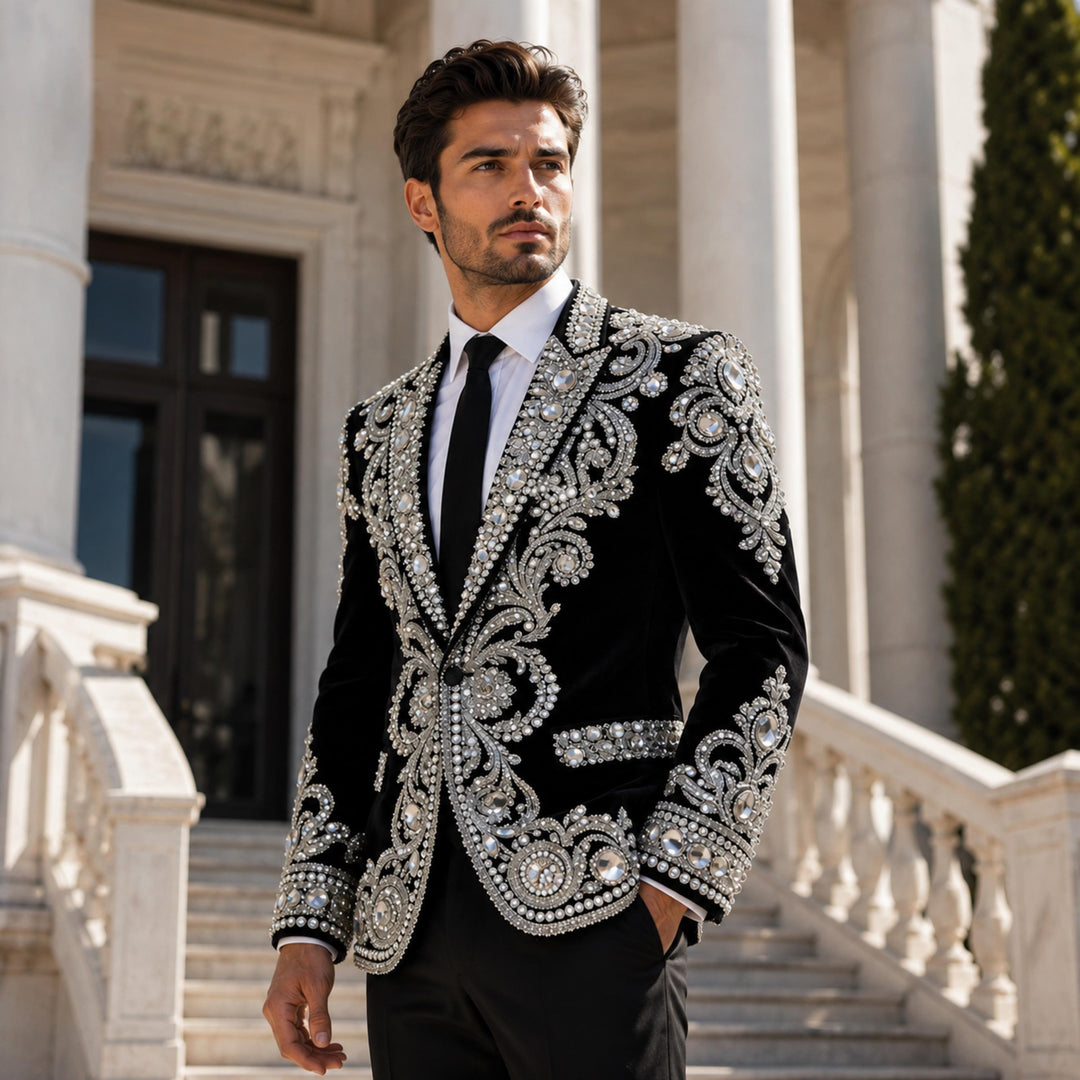 Fashion Black And Diamond Peak Lapel 2 Pieces Men Suit