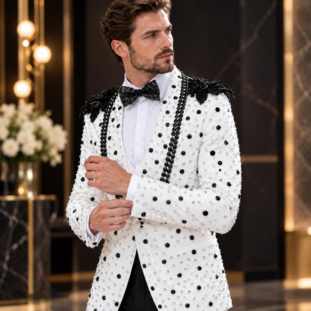 Luxury White Shawl Lapel Embroidered Diamond 2 Pieces Men Suit For Wedding
