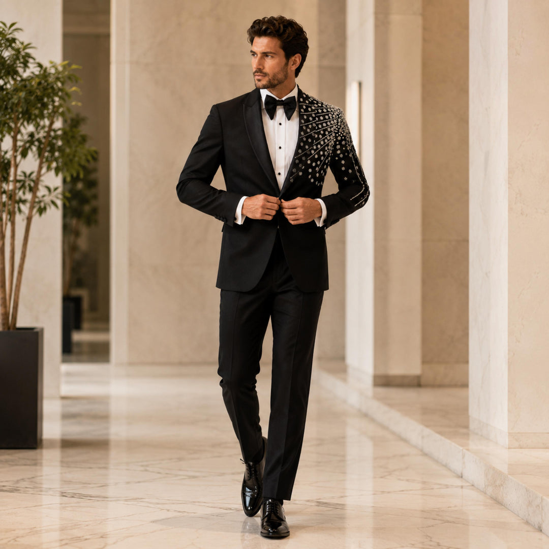 Fashion Black And Diamond Peak Lapel 2 Pieces Men Suit