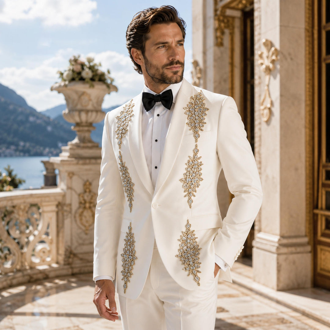 Luxury White Shawl Lapel Embroidered Diamond 2 Pieces Men Suit For Wedding