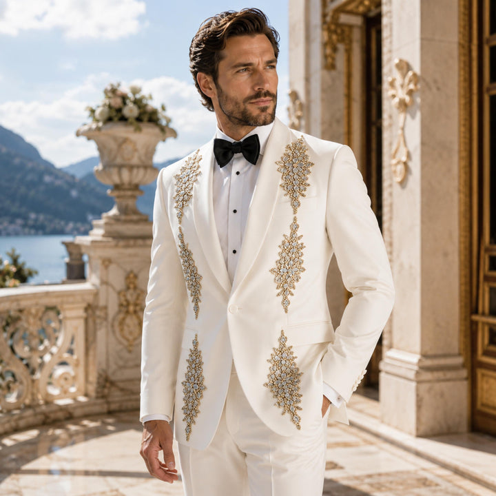 Luxury White Shawl Lapel Embroidered Diamond 2 Pieces Men Suit For Wedding