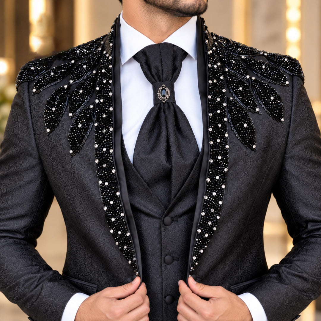 Luxury Black Mens Suit Shawl Lapel With Diamond 3 Pieces Suit