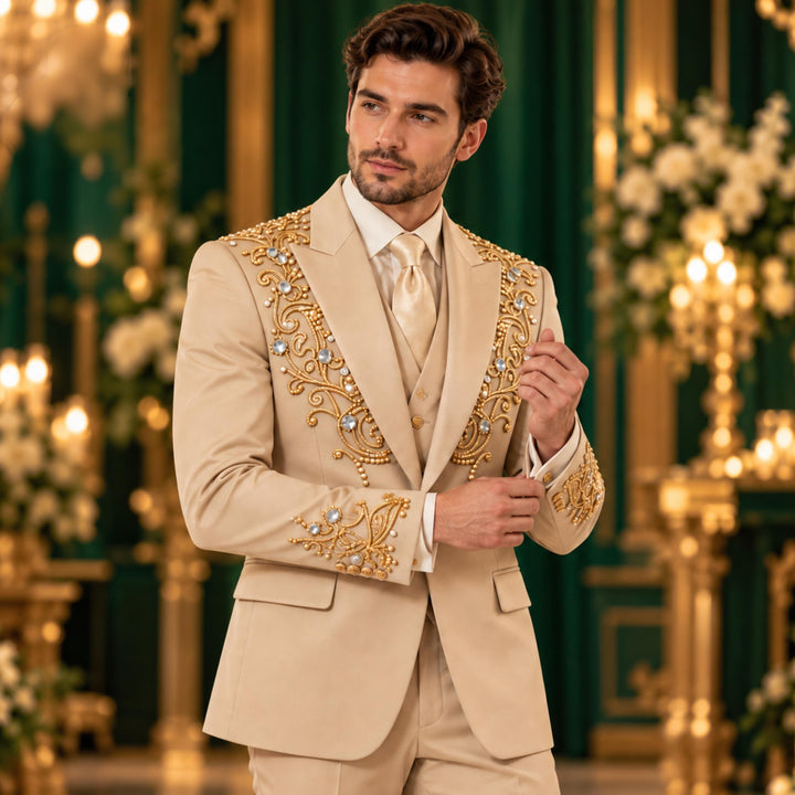 Luxury Champagne Peak Lapel Diamond 3 Pieces Men Suit For Wedding