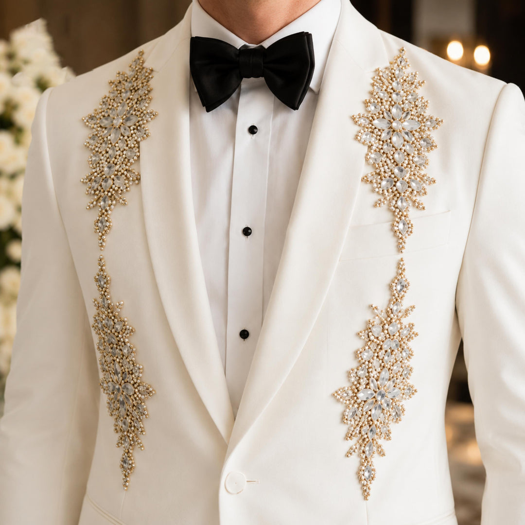 Luxury White Shawl Lapel Embroidered Diamond 2 Pieces Men Suit For Wedding