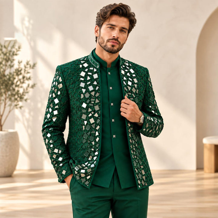 Luxury Mens Stand Collar Mirror-finish Diamond 3 Pieces Suit