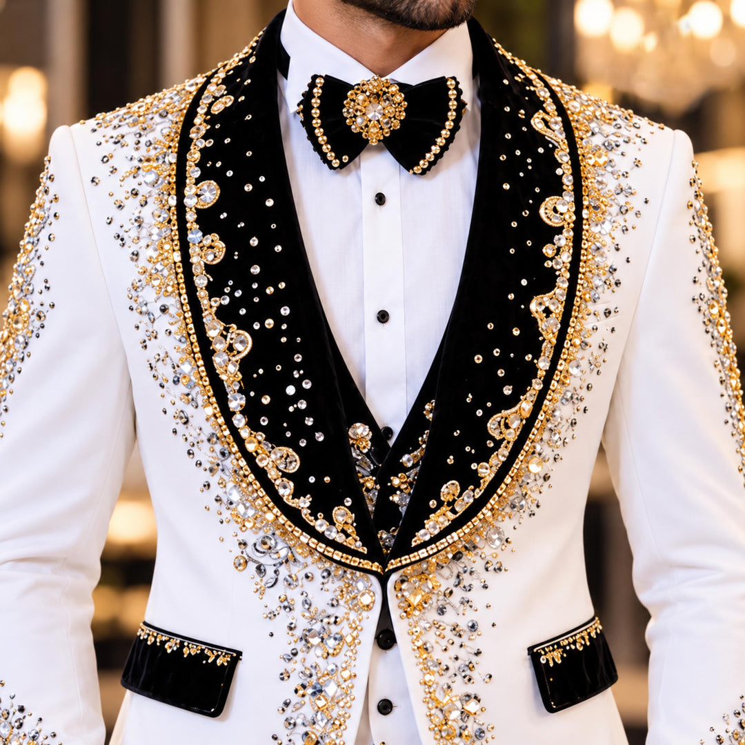 Fashion White And Black With Bling Diamond 2 Pieces Suit For Party