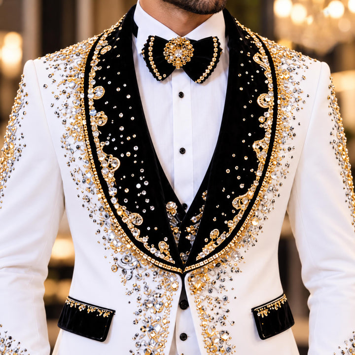 Fashion White And Black With Bling Diamond 2 Pieces Suit For Party