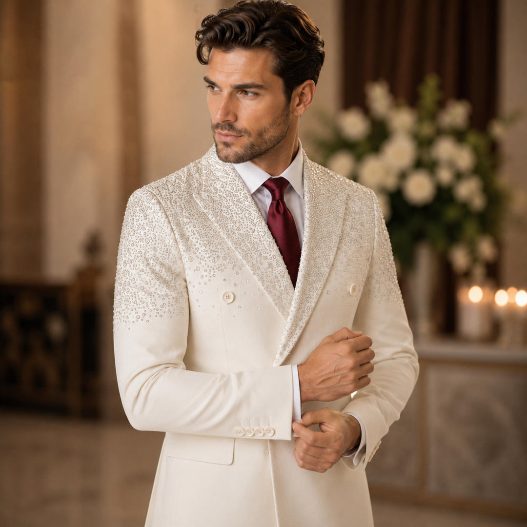Luxury White Diamond 2 Pieces Double Breasted Men Suit With Peak Lapel For Prom