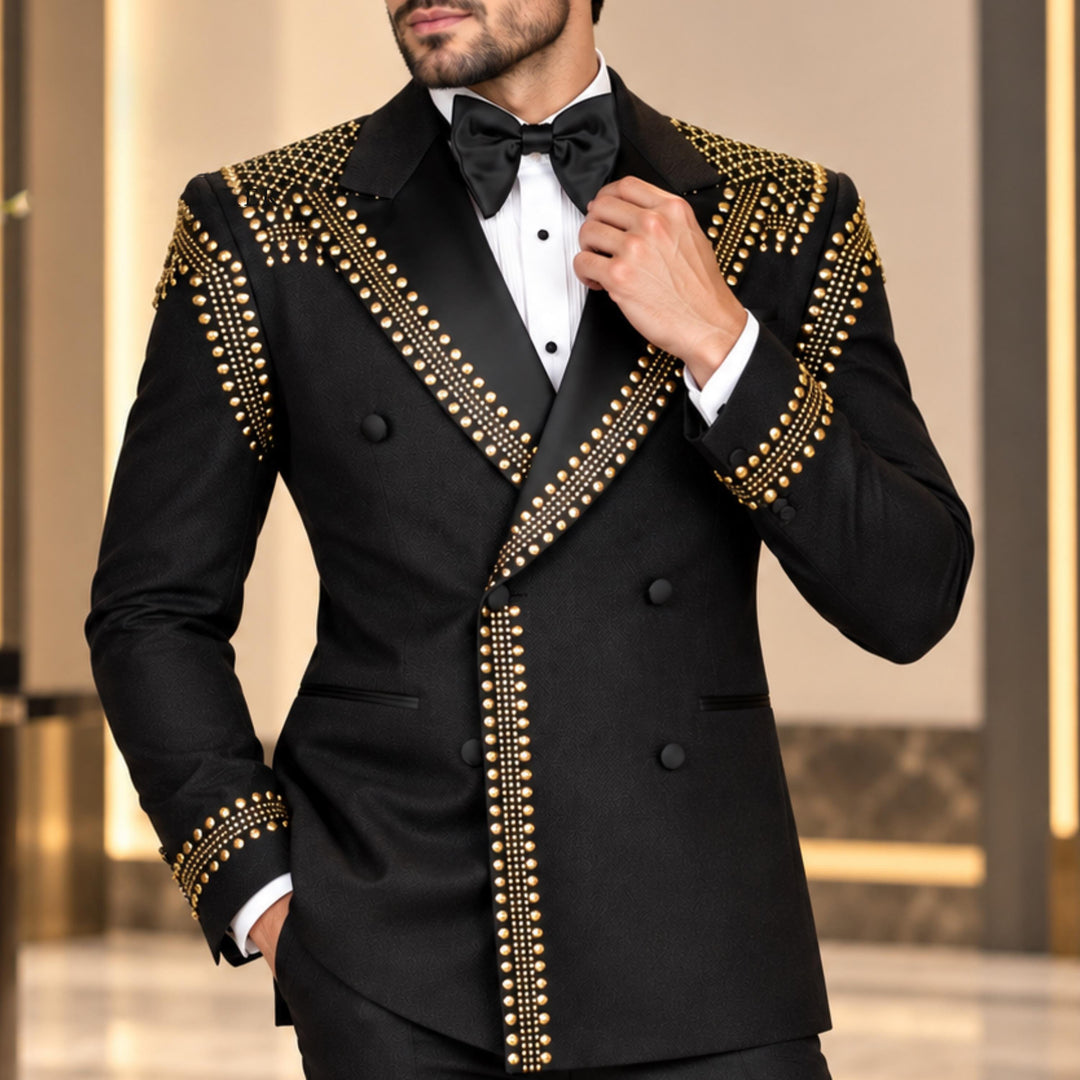 Luxury Black Diamond 2 Pieces Double Breasted Men Suit With Peak Lapel For Prom