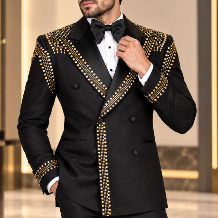 Luxury Black Diamond 2 Pieces Double Breasted Men Suit With Peak Lapel For Prom