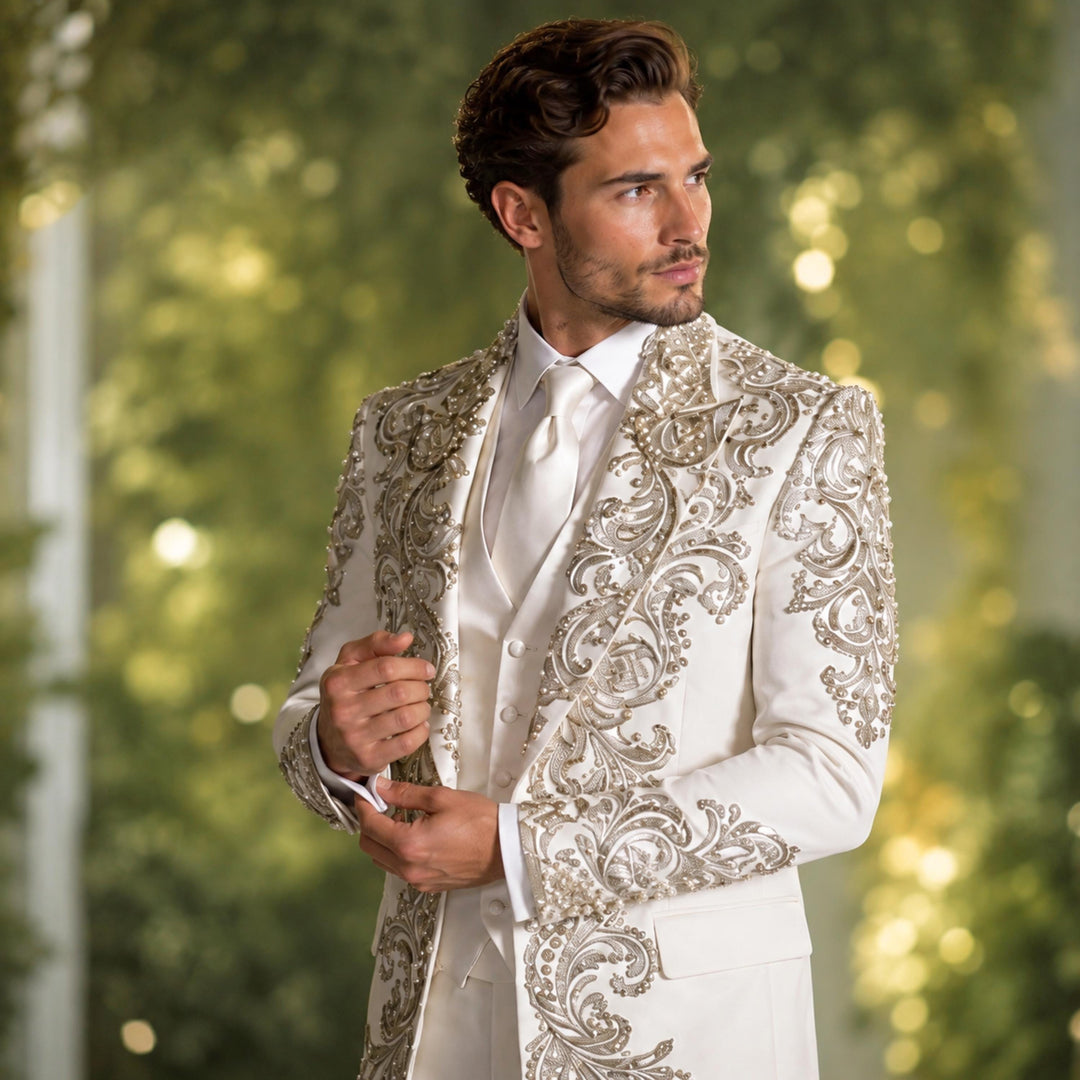 Luxury White Peak Lapel Embroidered Diamond 3 Pieces Men Suit For Wedding