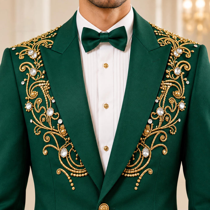Fashion Green And Diamond Peak Lapel 2 Pieces Men Suit