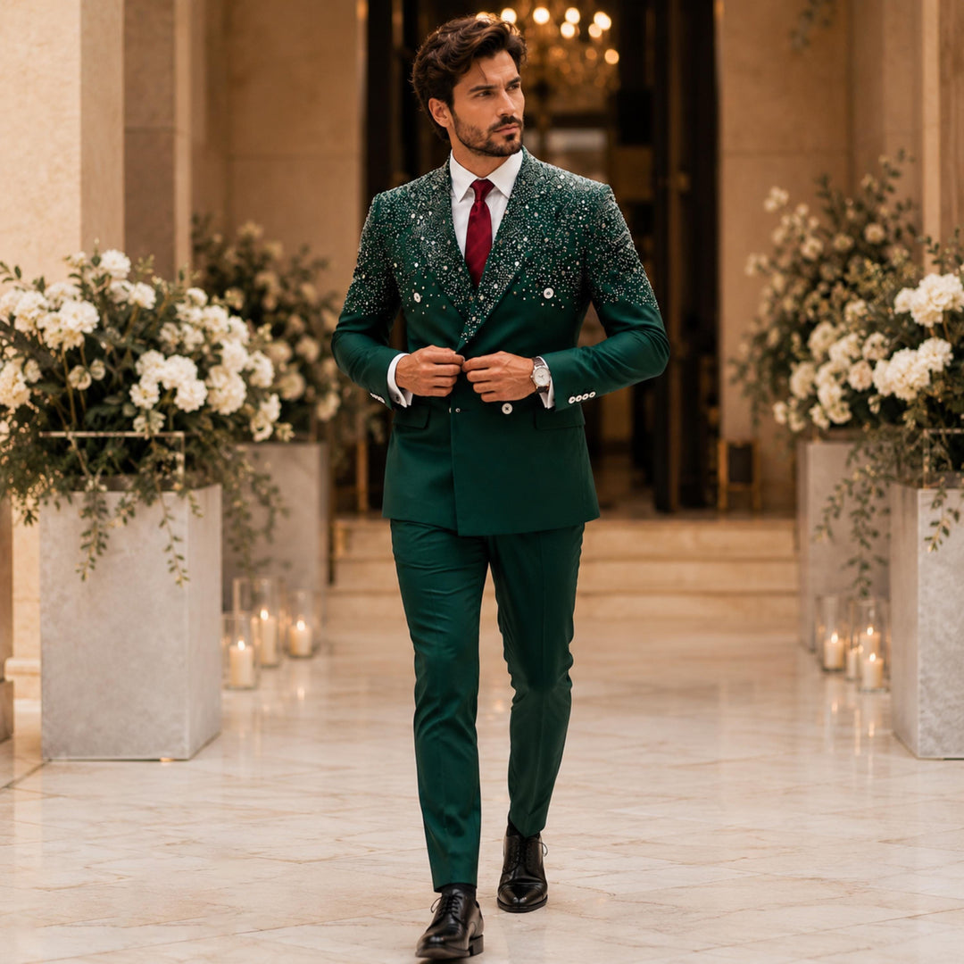 Fashion 2 Pieces Suit In Green Peaked Lapel Diamond For Prom