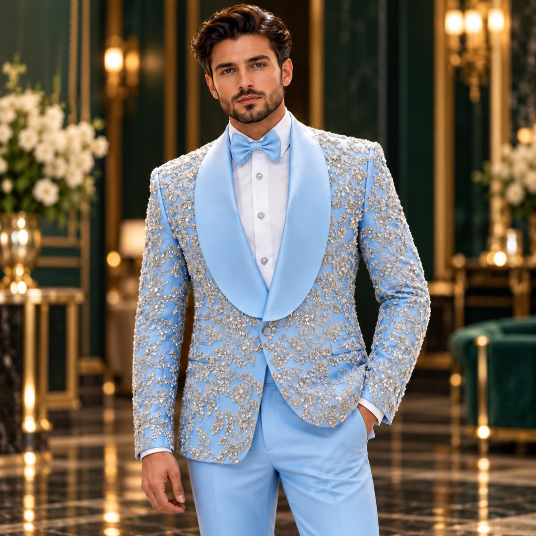 Luxury Light Blue Shawl Lapel Embroidered Diamond 2 Pieces Men Suit For Wedding