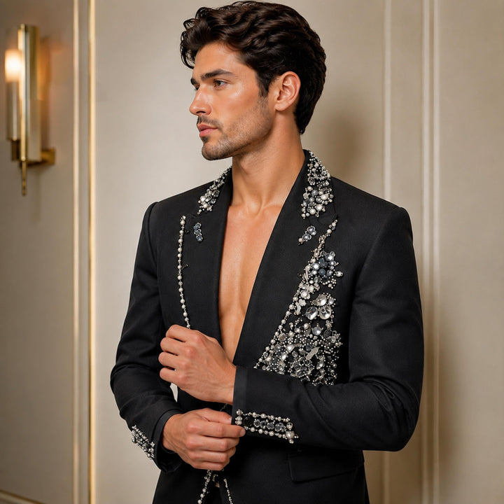Fashion Black And Diamond Peak Lapel 2 Pieces Men Suit