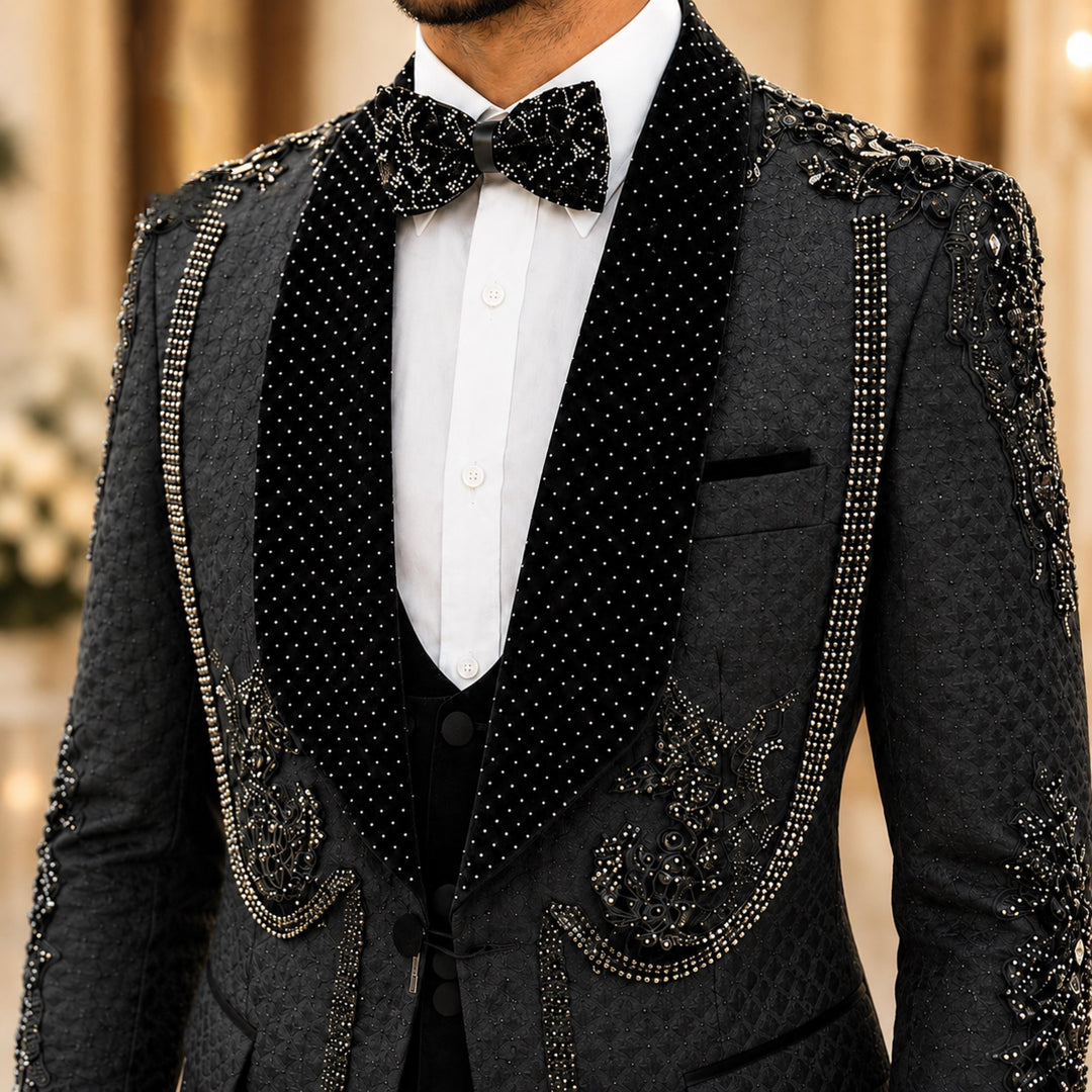 Luxury Black With Shawl Lapel Diamond 3 Pieces Men Suit