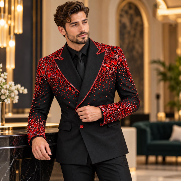 Fashion Black And Red Diamond 2 Pieces Double Breasted Men Suit With Peak Lapel For Prom