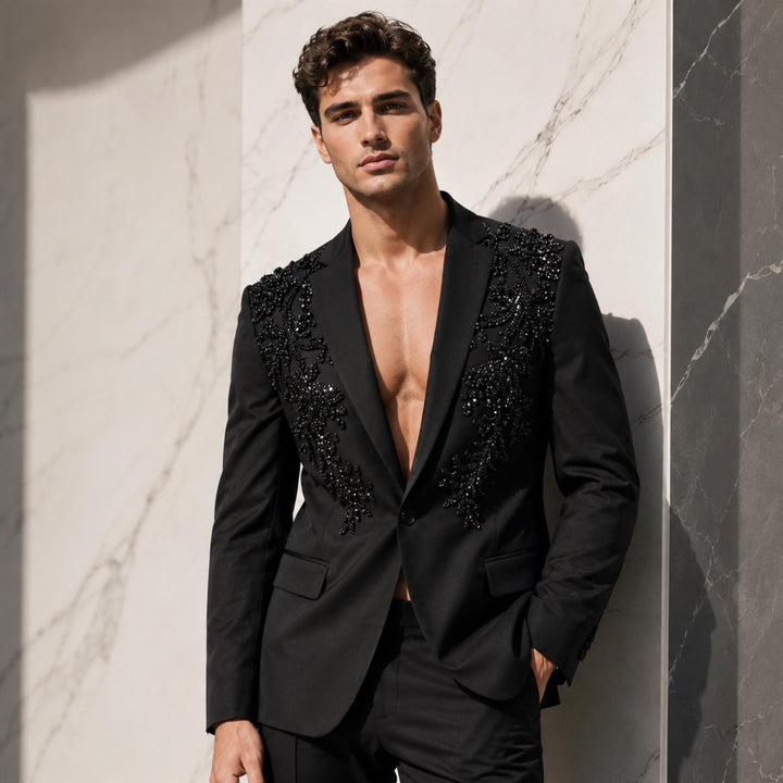 Fashion Black And Diamond Notch Lapel 2 Pieces Men Suit