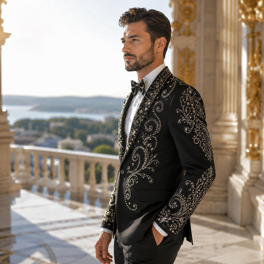 Fashion Black And Diamond Shawl Lapel 2 Pieces Men Suit