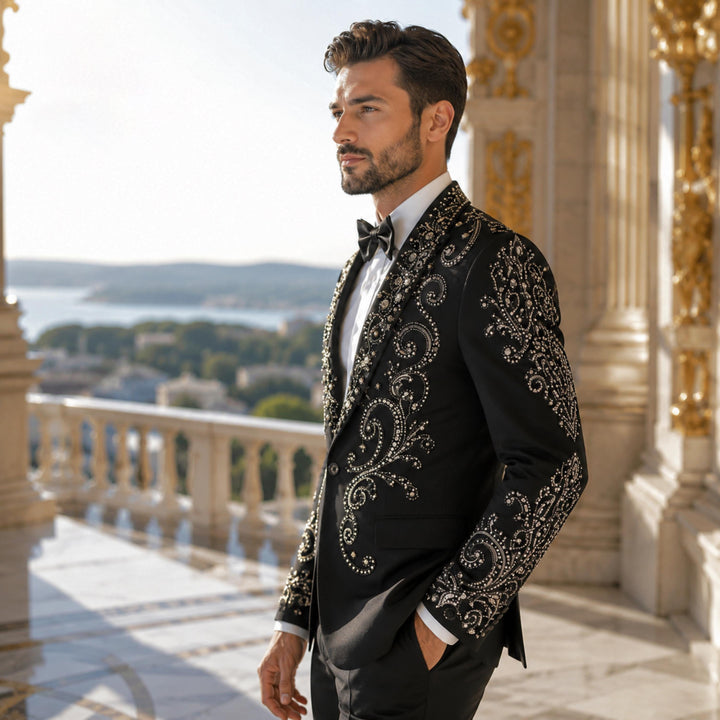 Fashion Black And Diamond Shawl Lapel 2 Pieces Men Suit