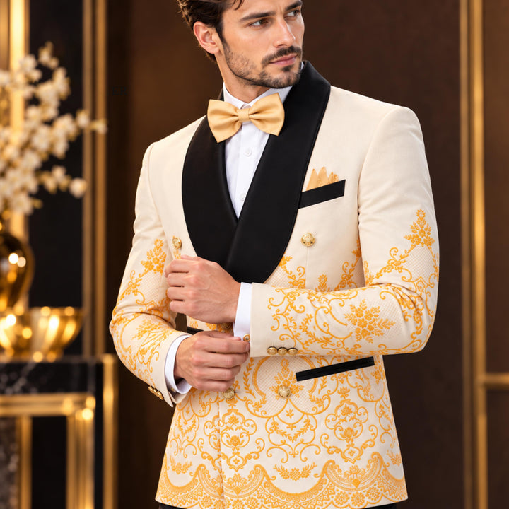 Luxury Champagne Shawl Lapel Embroidered 2 Pieces Men Suit For Wedding