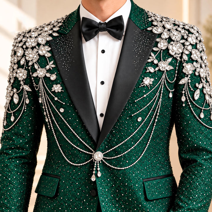 Fashion Emerald And Diamond Peak Lapel 2 Pieces Men Suit