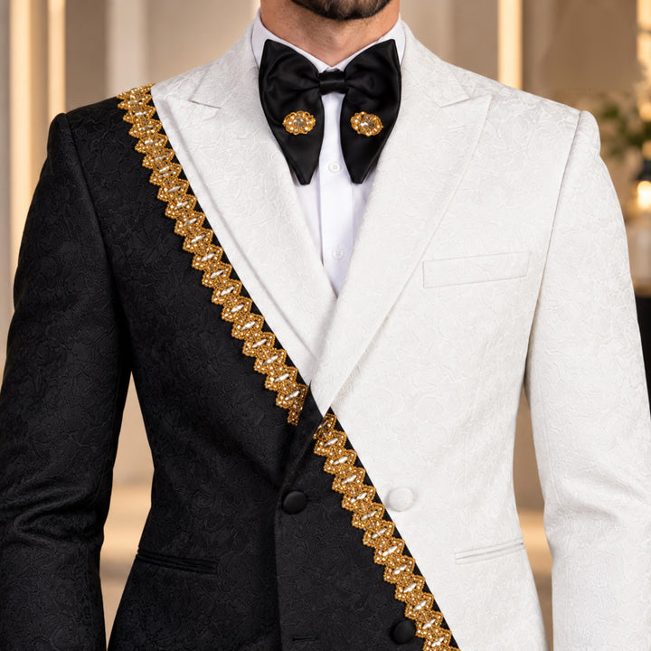 Fashion White And Black Peak Lapel Embroidered Diamond 2 Pieces Suit For Party