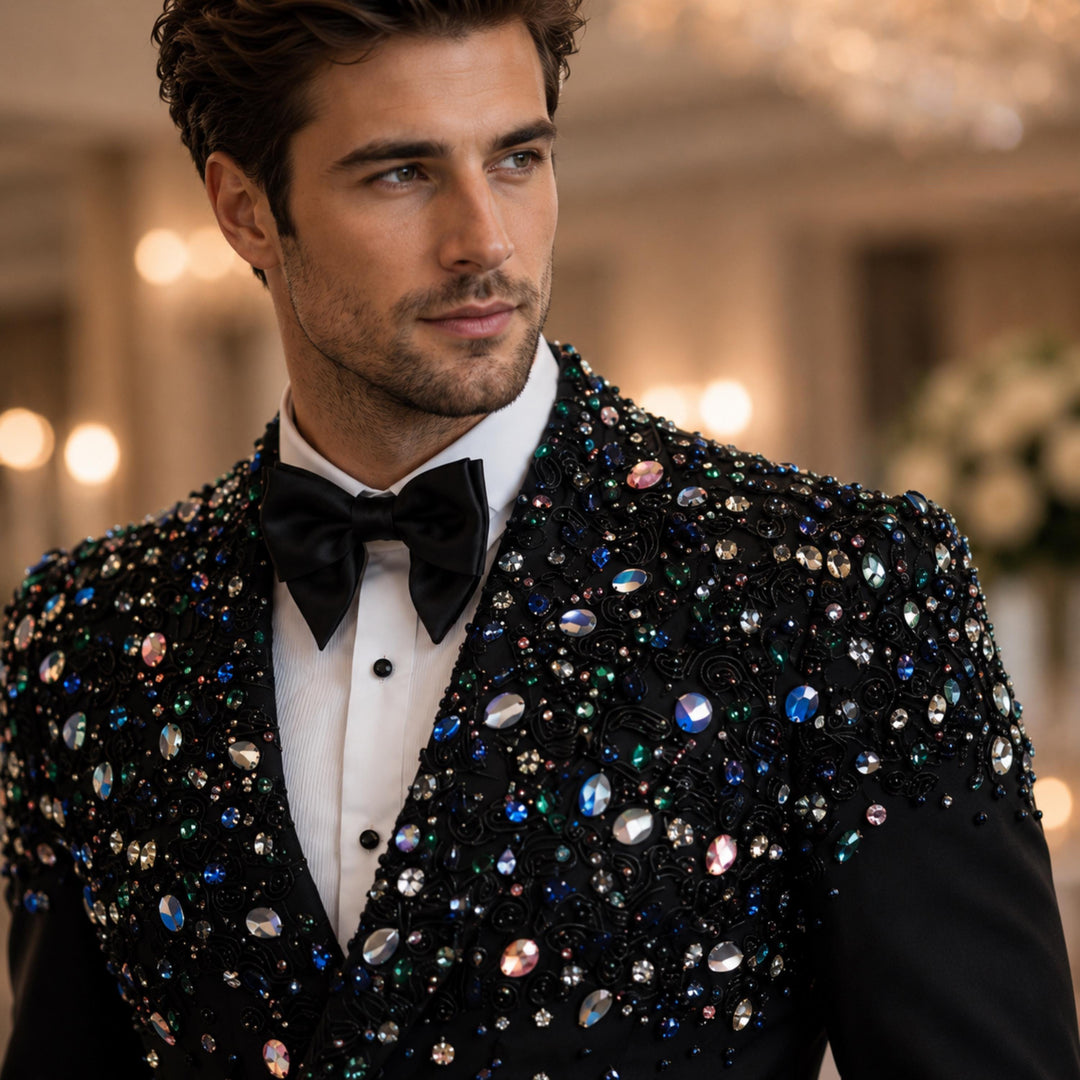 Luxury Black Diamond 2 Pieces Double Breasted Men Suit With Peak Lapel For Prom