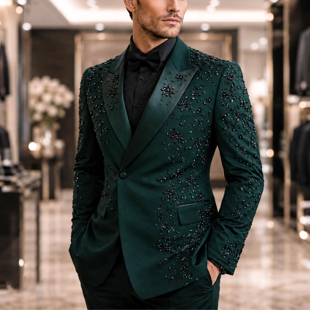 Fashion Hunt Green And Diamond Peak Lapel 2 Pieces Men Suit