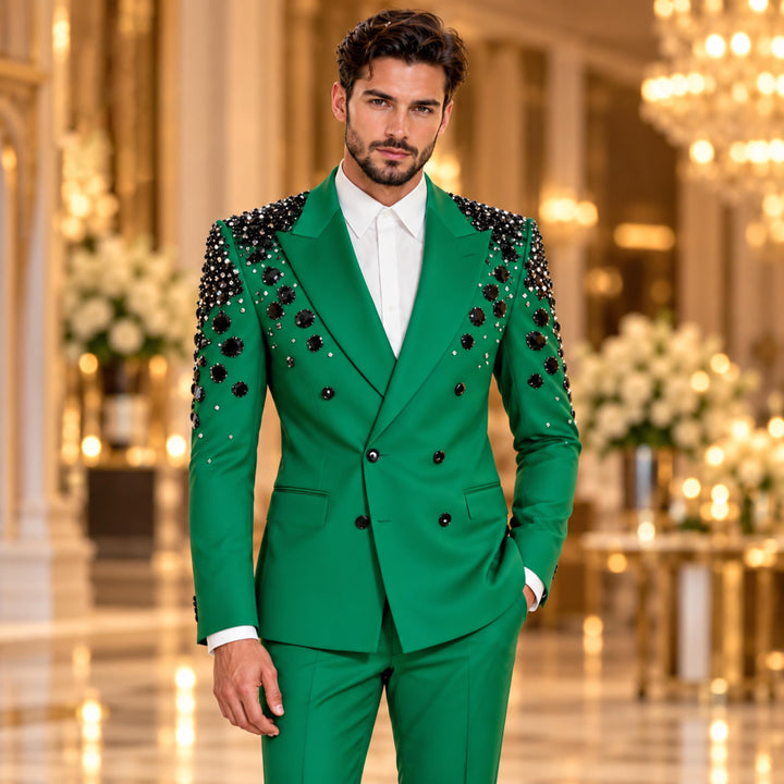 Luxury Black Diamond 2 Pieces Double Breasted Men Suit With Peak Lapel For Prom